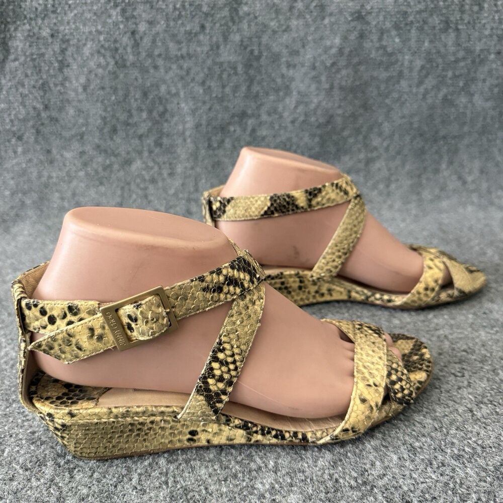 Jimmy Choo Connor Tan Snake Print Ankle Strap Low Wedge Sandals EU 37.5 US 7.5